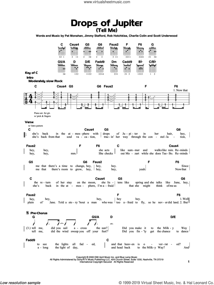 Drops Of Jupiter (Tell Me) sheet music for guitar solo by Train, Charles Colin, James Stafford, Pat Monahan, Robert Hotchkiss and Scott Underwood, beginner skill level