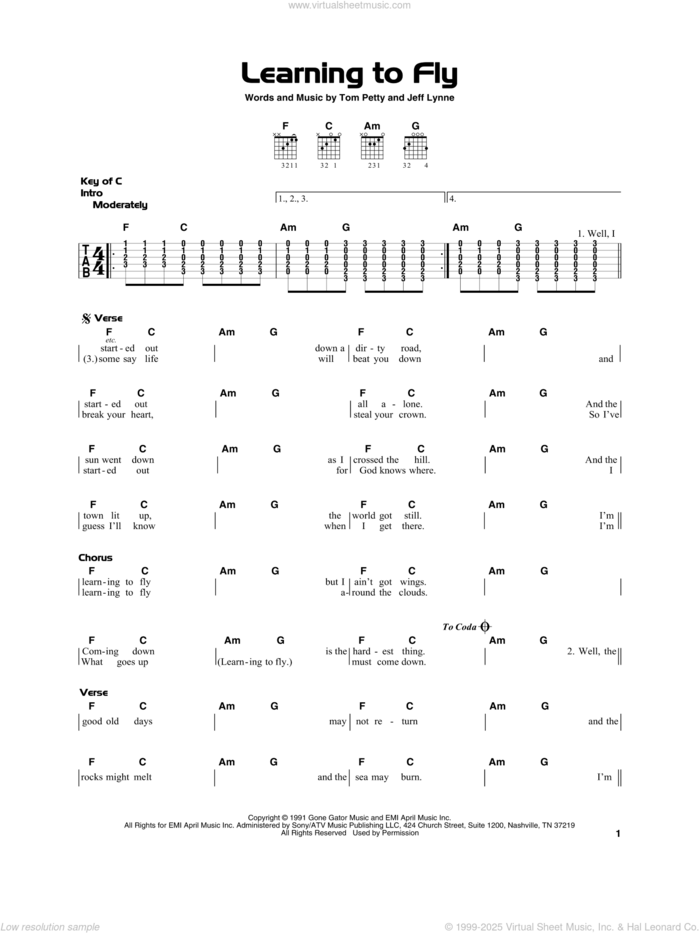 Learning To Fly sheet music for guitar solo by Tom Petty and Jeff Lynne, beginner skill level