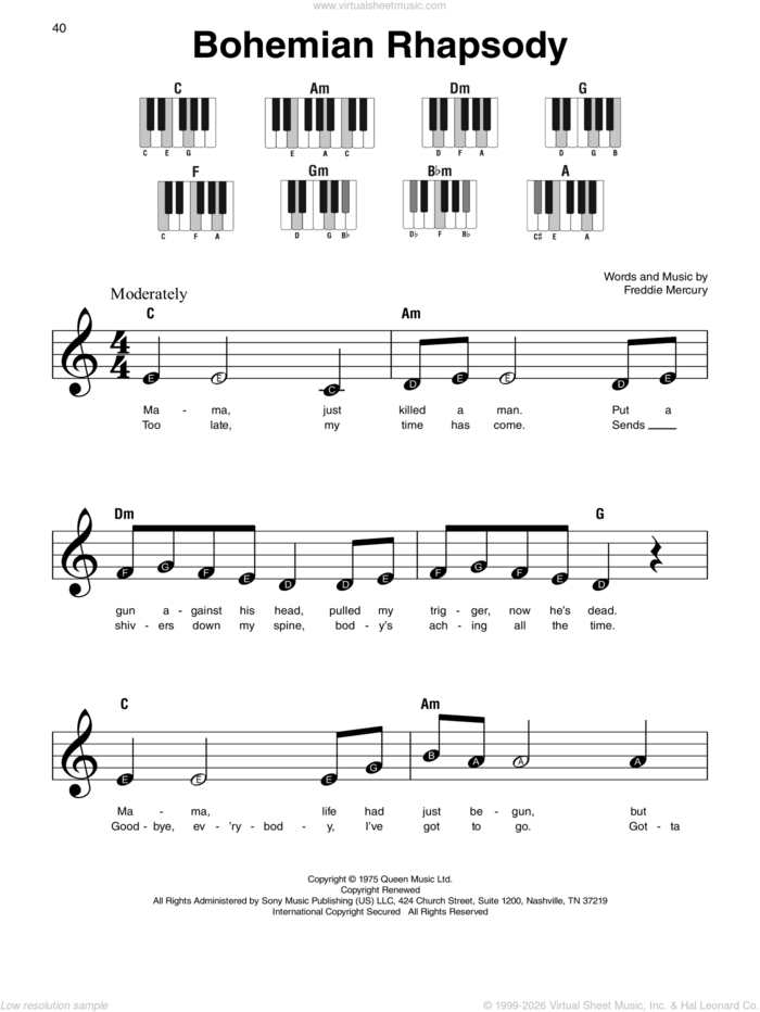 Bohemian Rhapsody sheet music for piano solo by Queen and Freddie Mercury, beginner skill level