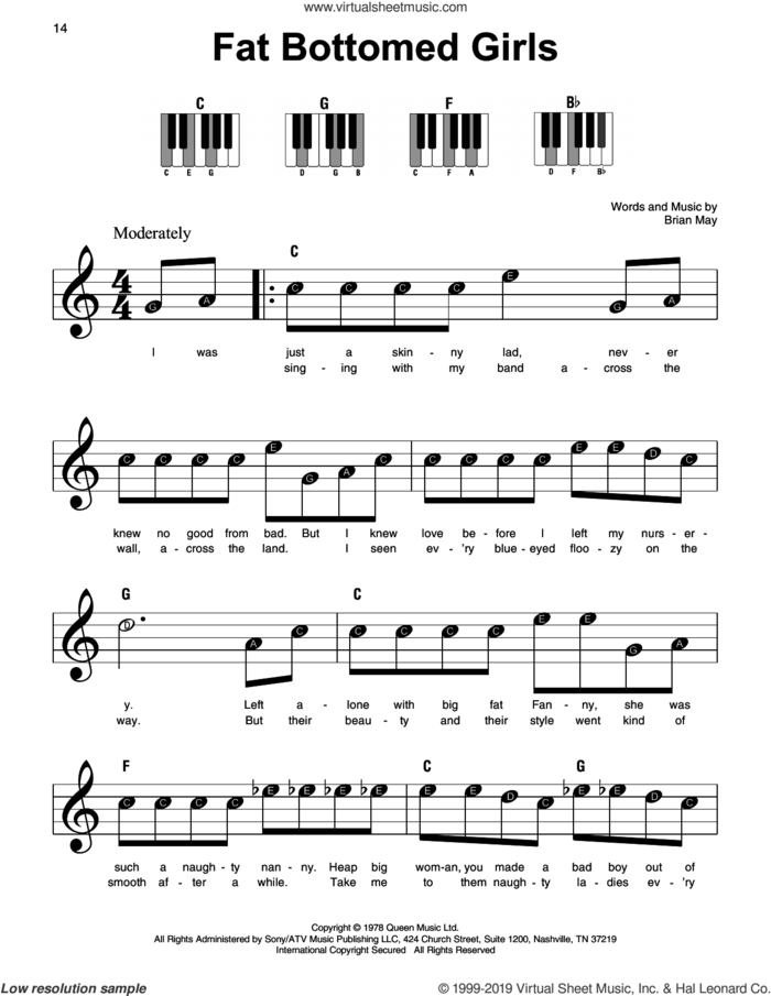 Fat Bottomed Girls, (beginner) sheet music for piano solo by Queen and Brian May, beginner skill level