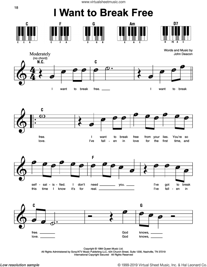 I Want To Break Free, (beginner) sheet music for piano solo by Queen and John Deacon, beginner skill level