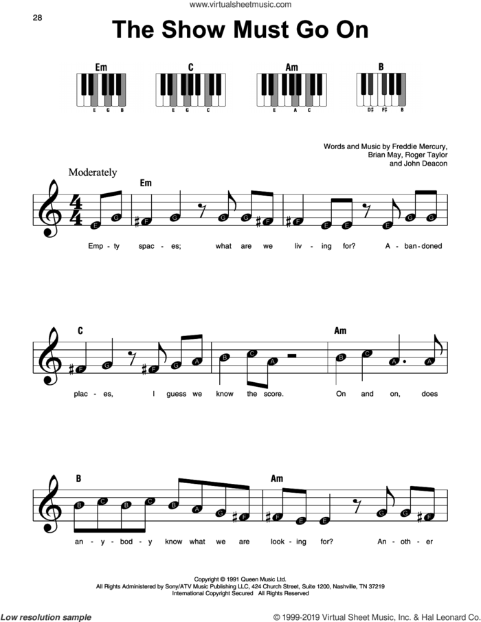 The Show Must Go On sheet music for piano solo by Queen, Brian May, Freddie Mercury, John Deacon and Roger Taylor, beginner skill level