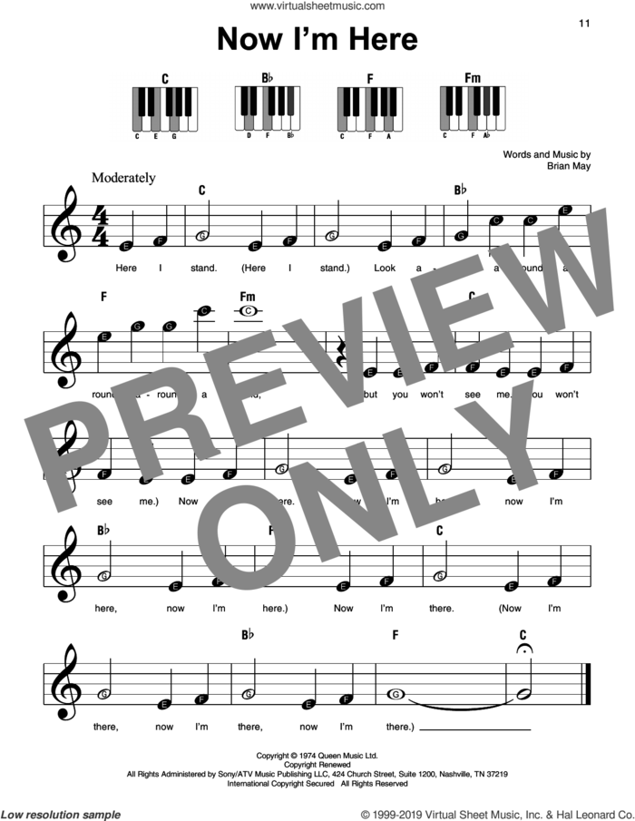 Now I'm Here sheet music for piano solo by Queen and Brian May, beginner skill level