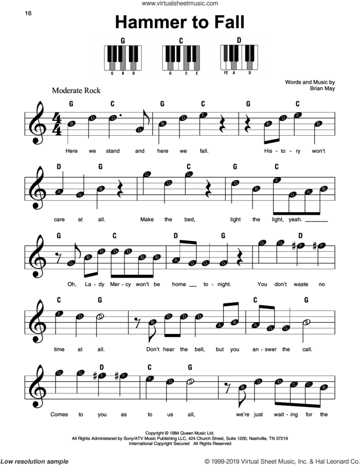 Hammer To Fall, (beginner) sheet music for piano solo by Queen and Brian May, beginner skill level