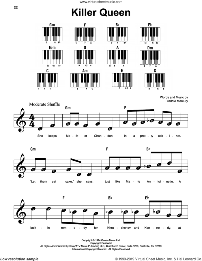 Killer Queen sheet music for piano solo by Queen and Freddie Mercury, beginner skill level