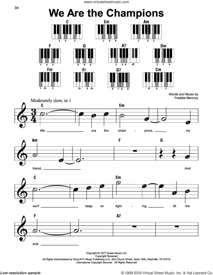 We Are The Champions sheet music for piano solo by Queen and Freddie Mercury, beginner skill level