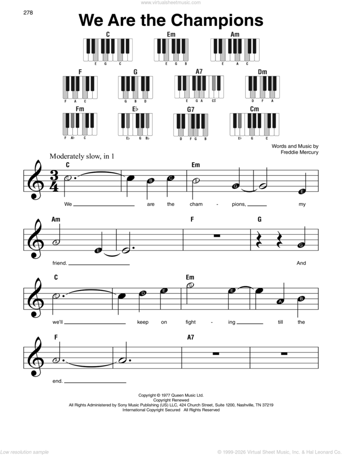 We Are The Champions sheet music for piano solo by Queen and Freddie Mercury, beginner skill level