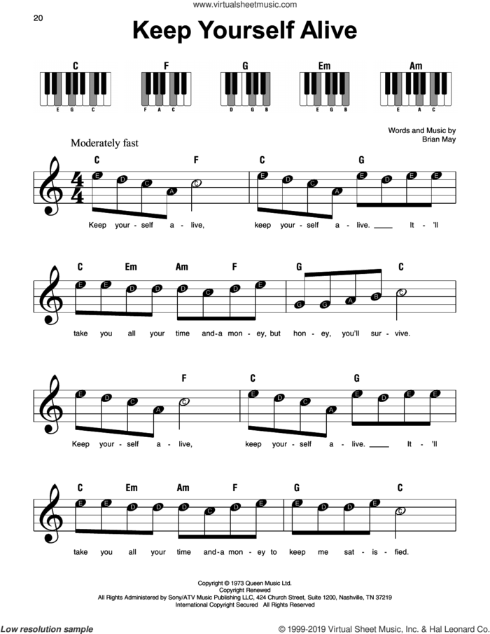 Keep Yourself Alive sheet music for piano solo by Queen and Brian May, beginner skill level