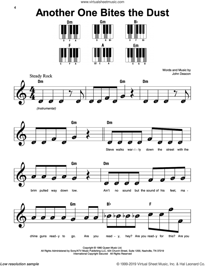 Another One Bites The Dust, (beginner) sheet music for piano solo by Queen and John Deacon, beginner skill level
