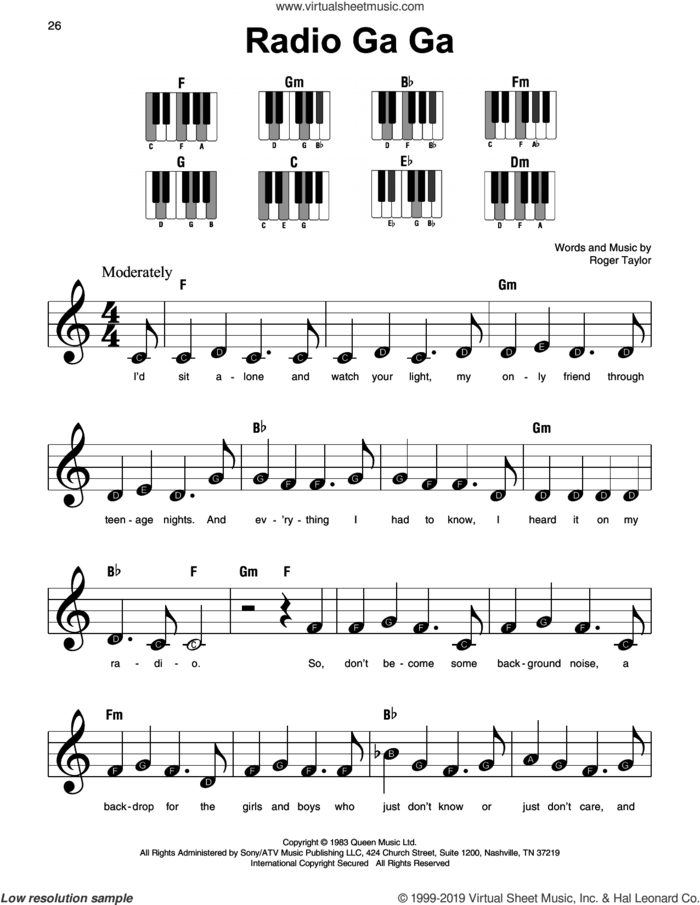 Radio Ga Ga, (beginner) sheet music for piano solo by Queen and Roger Taylor, beginner skill level
