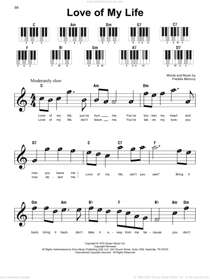 Love Of My Life, (beginner) sheet music for piano solo by Queen and Freddie Mercury, beginner skill level
