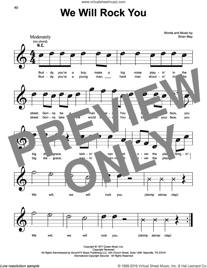 We Will Rock You sheet music for piano solo by Queen and Brian May, beginner skill level