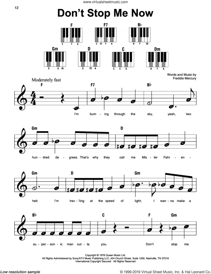 Don't Stop Me Now sheet music for piano solo by Queen and Freddie Mercury, beginner skill level
