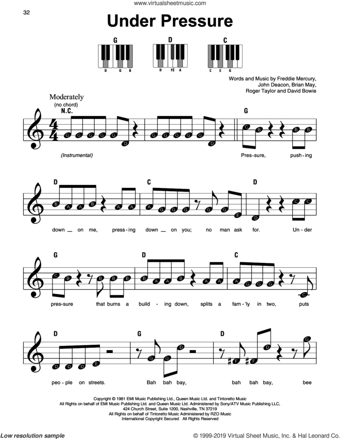 Under Pressure sheet music for piano solo by Queen & David Bowie, Queen, Brian May, David Bowie, Freddie Mercury, John Deacon and Roger Taylor, beginner skill level