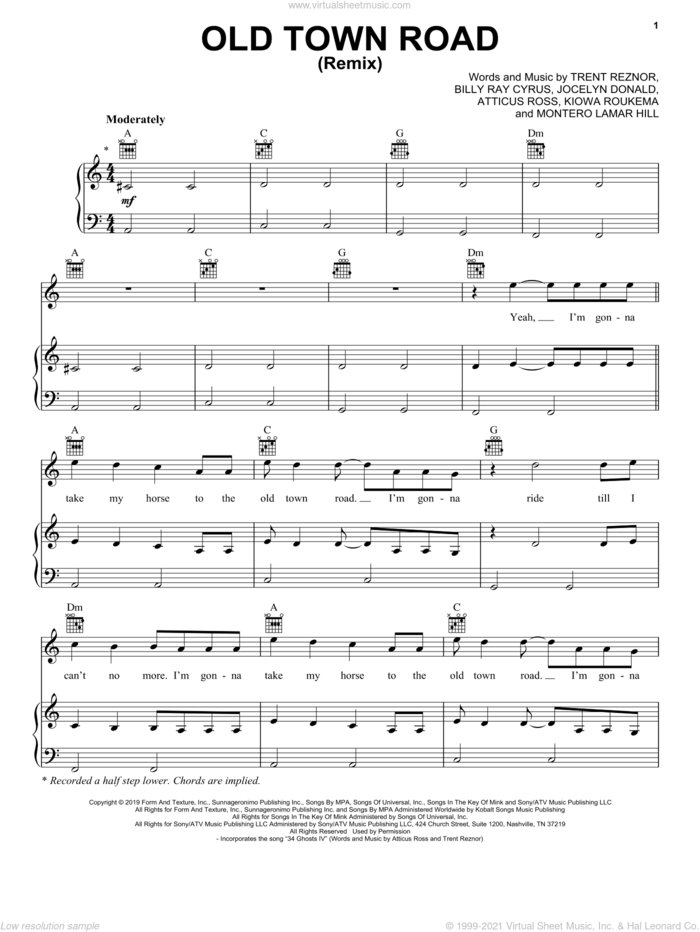 Old Town Road (Remix) sheet music for voice, piano or guitar by Lil Nas X feat. Billy Ray Cyrus, Atticus Ross, Billy Ray Cyrus, Jocelyn Donald, Kiowa Roukema, Montero Lamar Hill and Trent Reznor, intermediate skill level