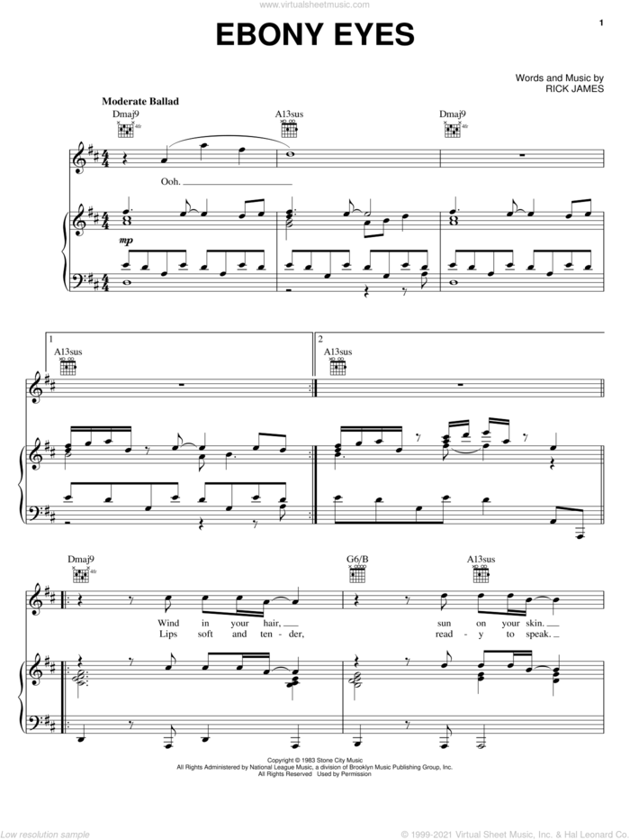 Ebony Eyes sheet music for voice, piano or guitar by Rick James, intermediate skill level