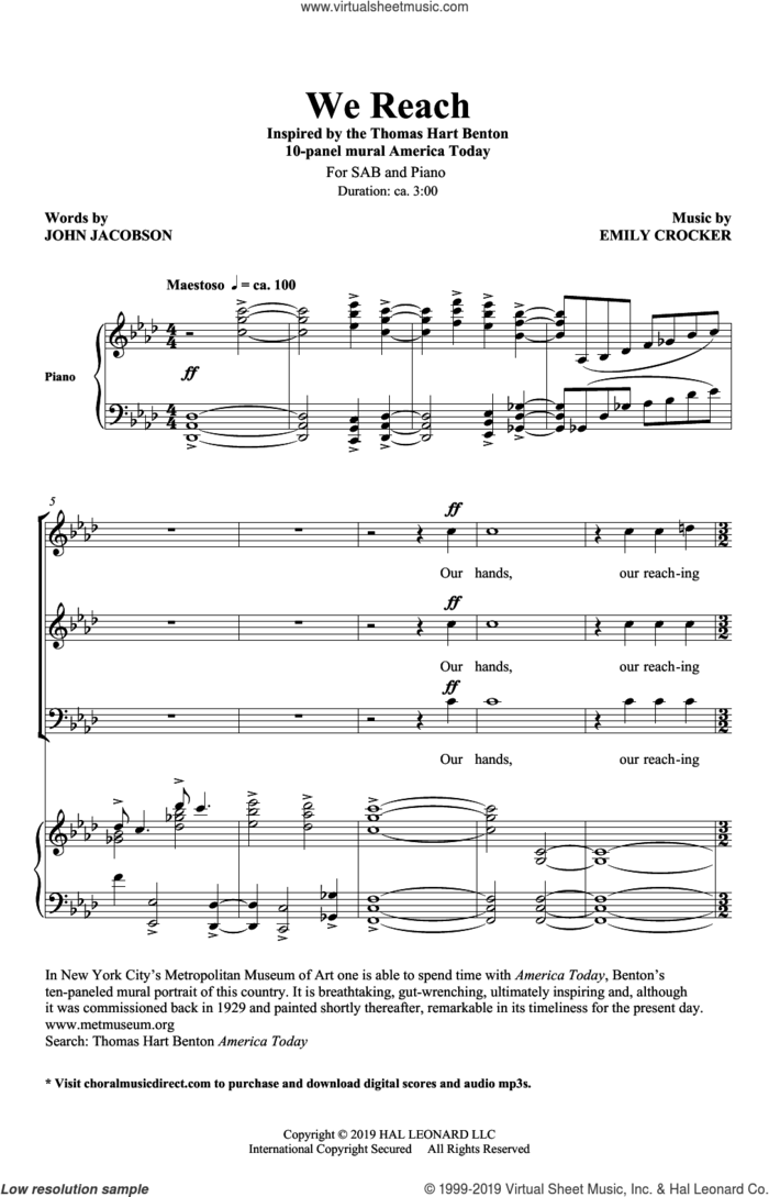 We Reach sheet music for choir (SAB: soprano, alto, bass) by Emily Crocker and John Jacobson, intermediate skill level