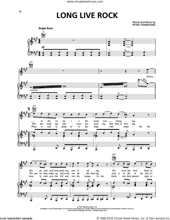 Long Live Rock sheet music for voice, piano or guitar by The Who and Pete Townshend, intermediate skill level