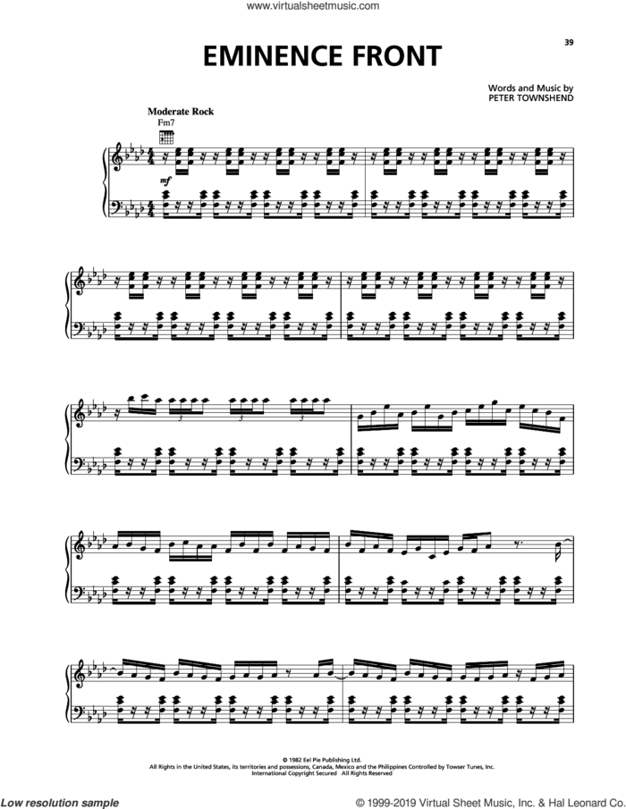 Eminence Front sheet music for voice, piano or guitar by The Who and Pete Townshend, intermediate skill level