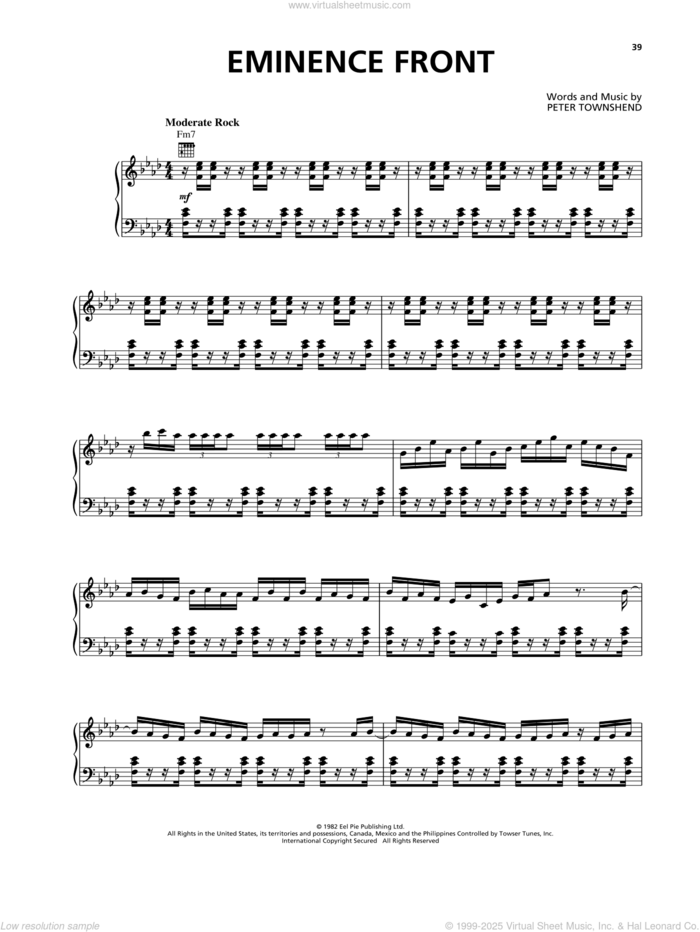 Eminence Front sheet music for voice, piano or guitar by The Who and Pete Townshend, intermediate skill level