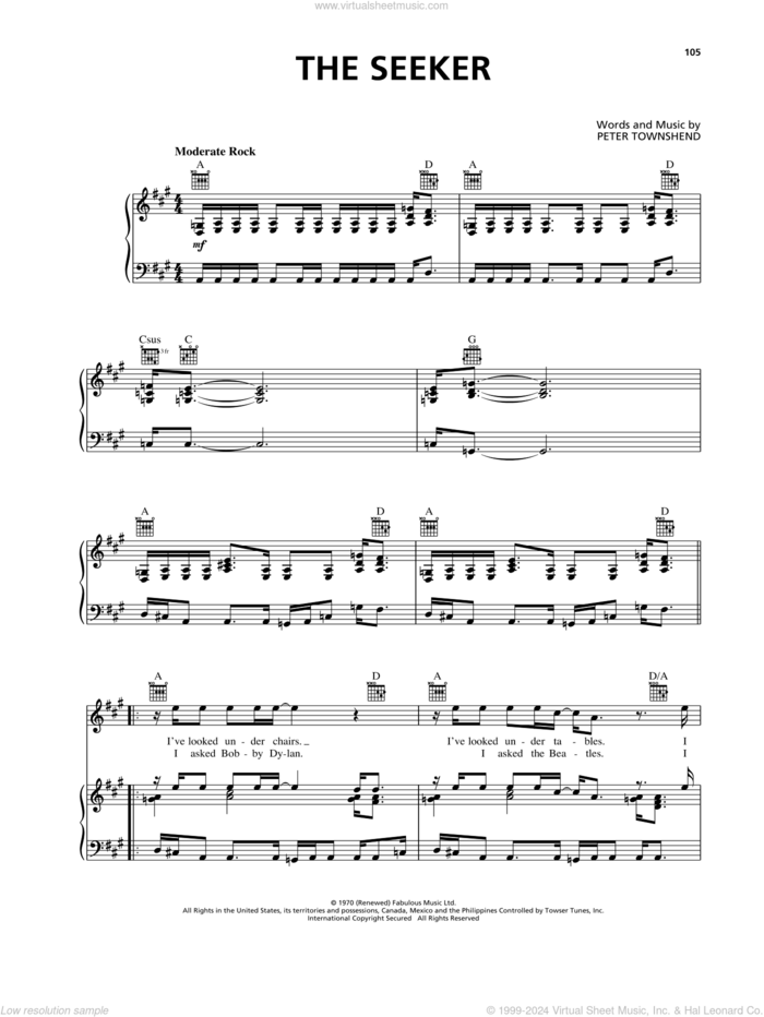 The Seeker sheet music for voice, piano or guitar by The Who and Pete Townshend, intermediate skill level