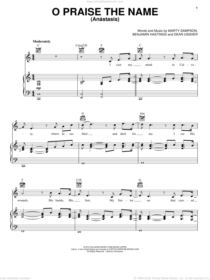 O Praise The Name (Anastasis) sheet music for voice, piano or guitar by Hillsong Worship, Benjamin Hastings, Dean Ussher and Marty Sampson, intermediate skill level
