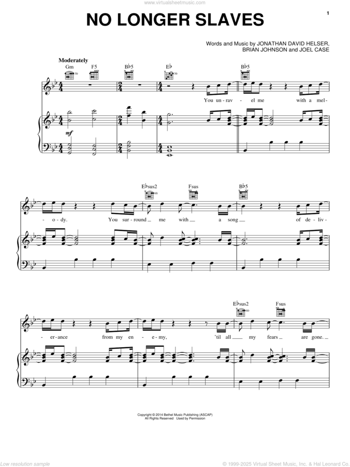 No Longer Slaves sheet music for voice, piano or guitar by Bethel Music, Brian Johnson, Joel Case and Jonathan David Helser, intermediate skill level