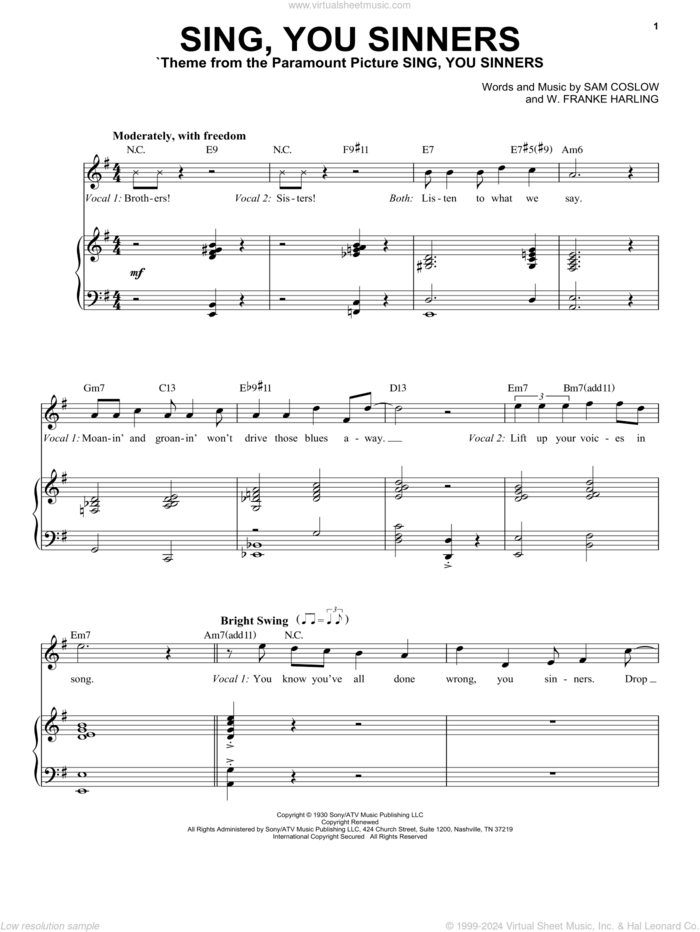 Sing, You Sinners sheet music for voice and piano by Tony Bennett, Sam Coslow and W. Franke Harling, intermediate skill level