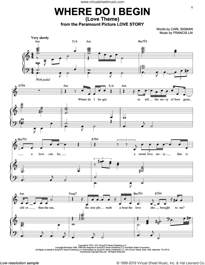 Where Do I Begin (Love Theme) sheet music for voice and piano by Tony Bennett, Carl Sigman and Francis Lai, intermediate skill level