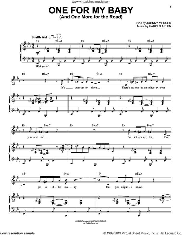 One For My Baby (And One More For The Road) sheet music for voice and piano by Tony Bennett, Harold Arlen and Johnny Mercer, intermediate skill level