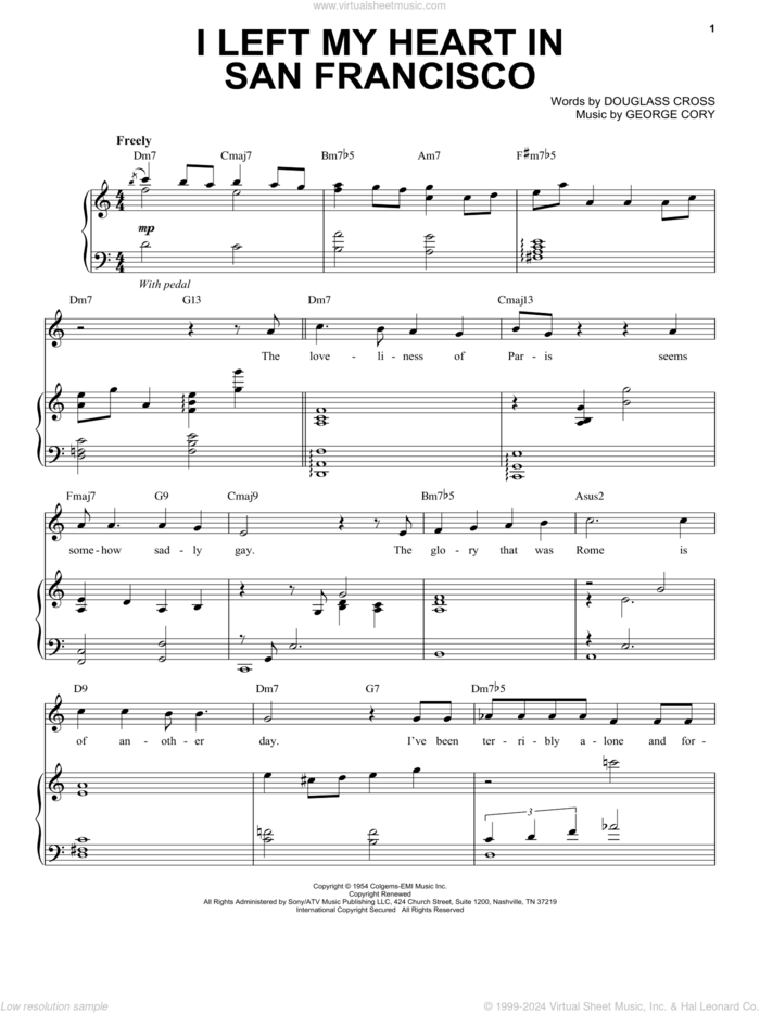 I Left My Heart In San Francisco sheet music for voice and piano by Tony Bennett, Douglass Cross and George Cory, intermediate skill level