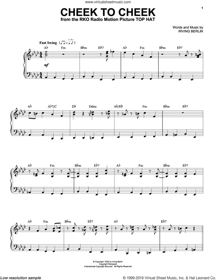 Cheek To Cheek sheet music for voice and piano by Tony Bennett and Irving Berlin, intermediate skill level