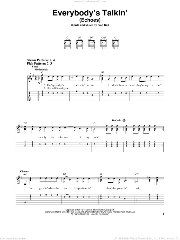 Everybody's Talkin' (Echoes) sheet music for guitar solo (easy tablature) by Harry Nilsson and Fred Neil, easy guitar (easy tablature)