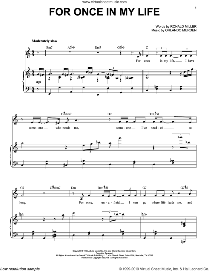 For Once In My Life sheet music for voice and piano by Tony Bennett, Cy Coleman and Robert Wells, intermediate skill level