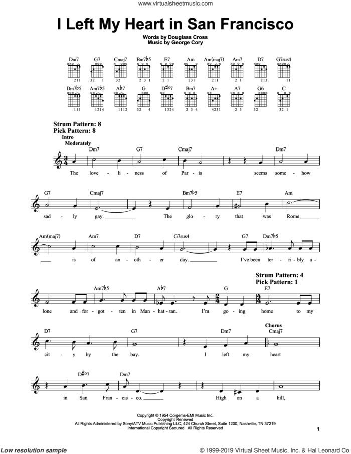 I Left My Heart In San Francisco sheet music for guitar solo (chords) by Tony Bennett, Douglass Cross and George Cory, easy guitar (chords)