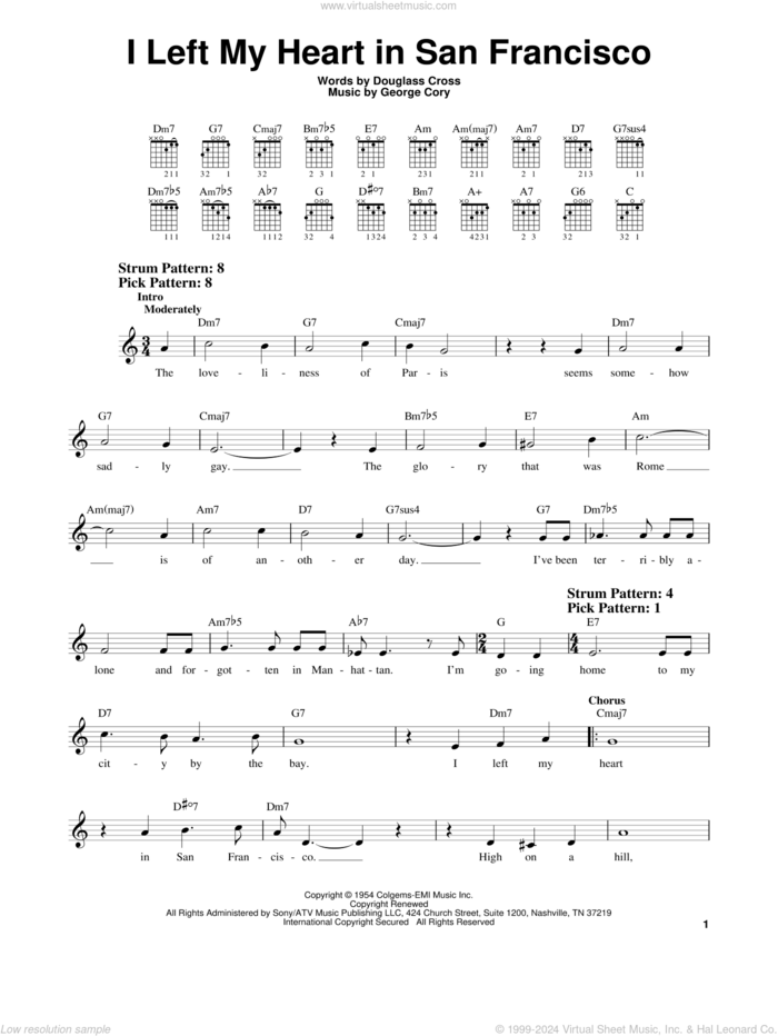 I Left My Heart In San Francisco sheet music for guitar solo (chords) by Tony Bennett, Douglass Cross and George Cory, easy guitar (chords)