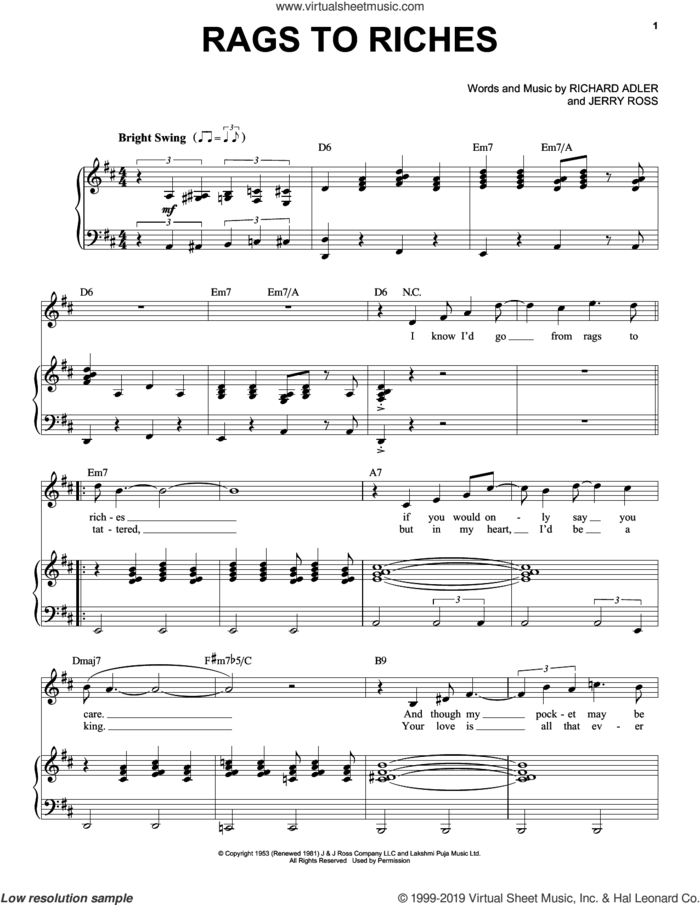 Rags To Riches sheet music for voice and piano by Tony Bennett, Jerry Ross and Richard Adler, intermediate skill level
