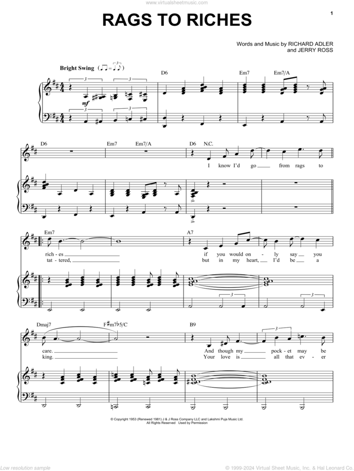 Rags To Riches sheet music for voice and piano by Tony Bennett, Jerry Ross and Richard Adler, intermediate skill level