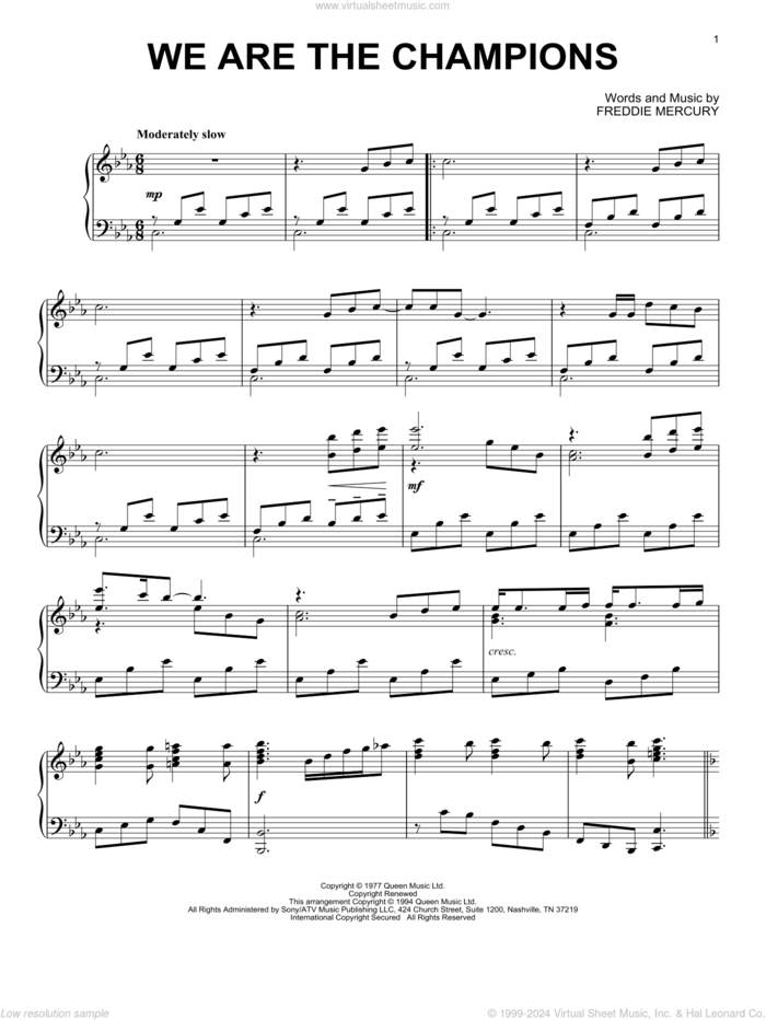 We Are The Champions, (intermediate) sheet music for piano solo by Queen and Freddie Mercury, intermediate skill level