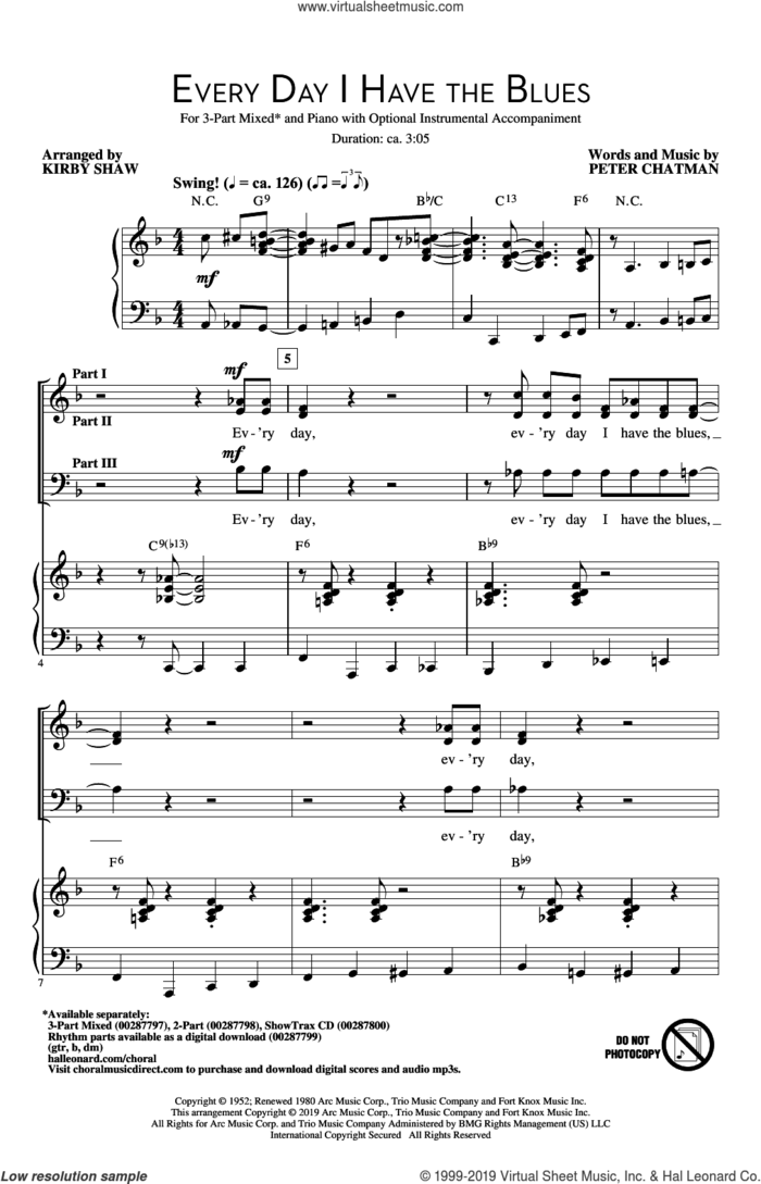Every Day I Have The Blues (arr. Kirby Shaw) sheet music for choir (3-Part Mixed) by Peter Chatman and Kirby Shaw, intermediate skill level