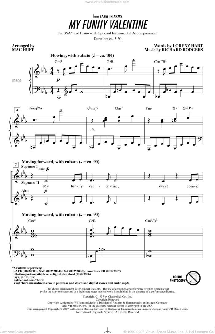 My Funny Valentine (arr. Mac Huff) sheet music for choir (SSA: soprano, alto) by Rodgers & Hart, Mac Huff, Lorenz Hart and Richard Rodgers, intermediate skill level