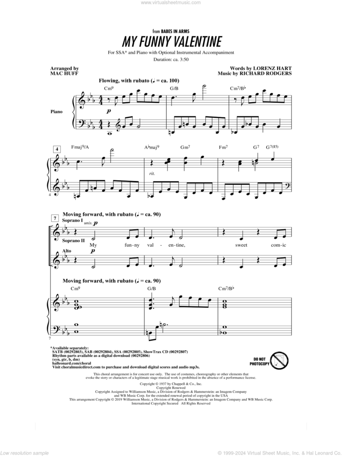 My Funny Valentine (arr. Mac Huff) sheet music for choir (SSA: soprano, alto) by Rodgers & Hart, Mac Huff, Lorenz Hart and Richard Rodgers, intermediate skill level