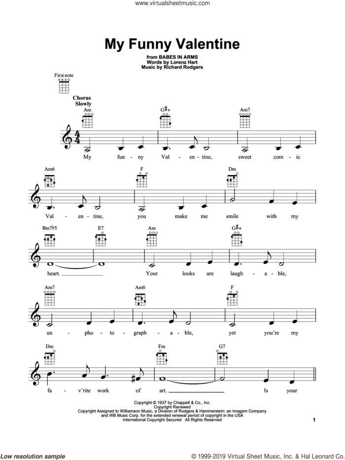 My Funny Valentine sheet music for ukulele by Rodgers & Hart, Lorenz Hart and Richard Rodgers, intermediate skill level