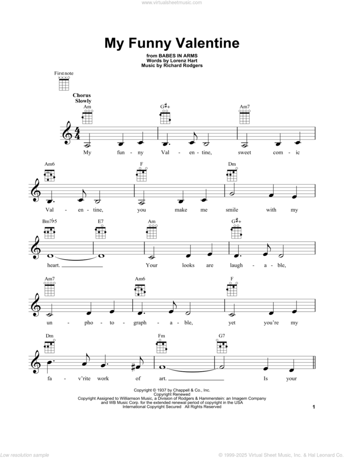 My Funny Valentine sheet music for ukulele by Rodgers & Hart, Lorenz Hart and Richard Rodgers, intermediate skill level