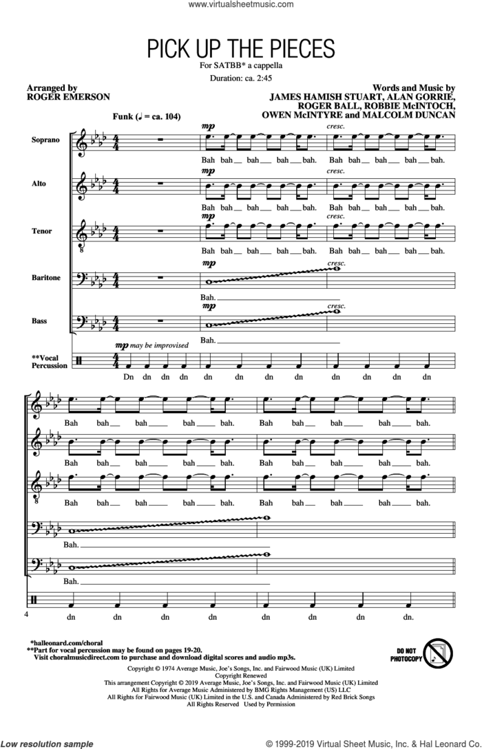 Pick Up The Pieces (arr. Roger Emerson) sheet music for choir (SATBB) by Average White Band, Roger Emerson, Alan Gorrie, James Hamish Stuart, Malcolm Duncan, Owen McIntyre, Robbie McIntosh and Roger Ball, intermediate skill level