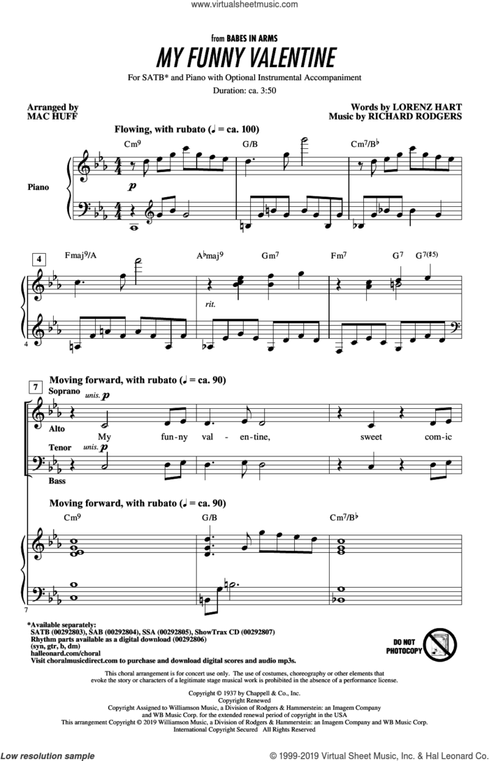 My Funny Valentine (arr. Mac Huff) sheet music for choir (SATB: soprano, alto, tenor, bass) by Rodgers & Hart, Mac Huff, Lorenz Hart and Richard Rodgers, intermediate skill level