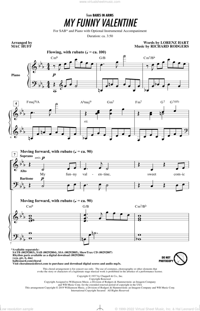 My Funny Valentine (arr. Mac Huff) sheet music for choir (SAB: soprano, alto, bass) by Rodgers & Hart, Mac Huff, Lorenz Hart and Richard Rodgers, intermediate skill level