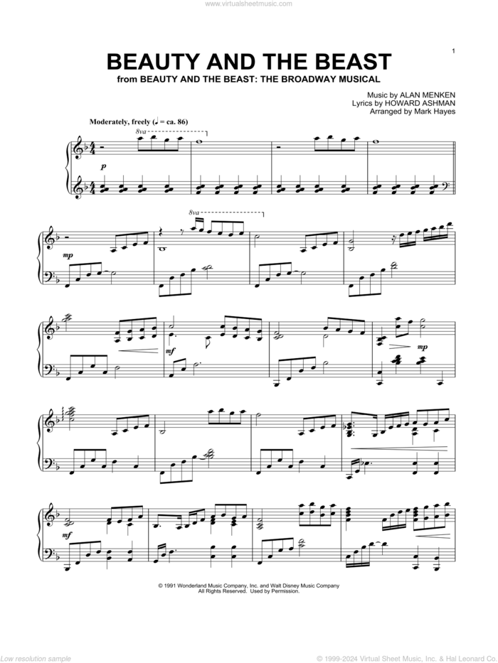 Beauty And The Beast (arr. Mark Hayes) sheet music for piano solo by Alan Menken, Mark Hayes, Alan Menken & Howard Ashman and Howard Ashman, wedding score, intermediate skill level
