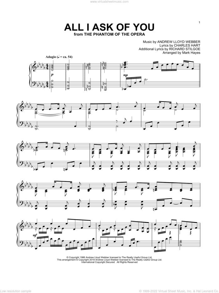 All I Ask Of You (from The Phantom Of The Opera) (arr. Mark Hayes) sheet music for piano solo by Andrew Lloyd Webber, Mark Hayes, Charles Hart and Richard Stilgoe, wedding score, intermediate skill level