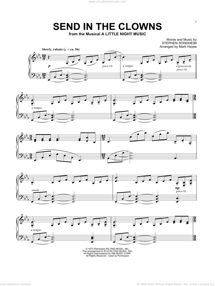 Send In The Clowns (from A Little Night Music) (arr. Mark Hayes) sheet music for piano solo by Stephen Sondheim and Mark Hayes, intermediate skill level